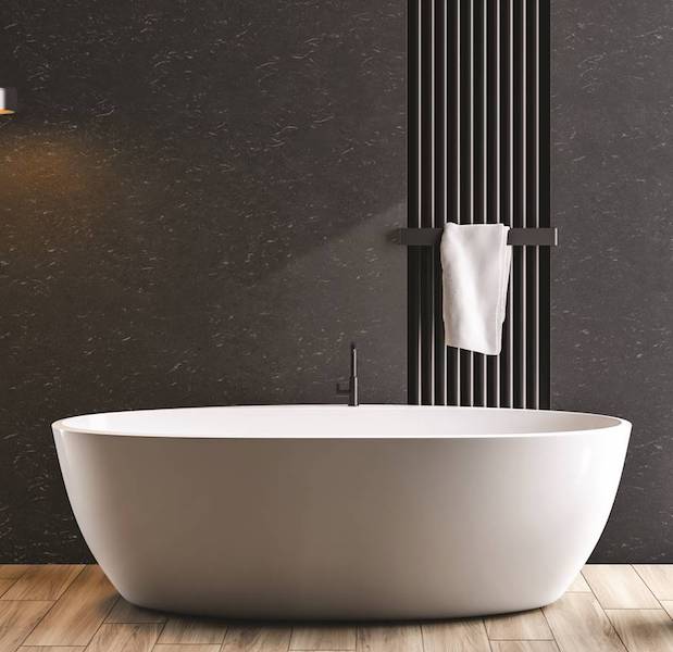 Cascade Black by Hanex Solid Surfaces on bathroom wall behind bath tub