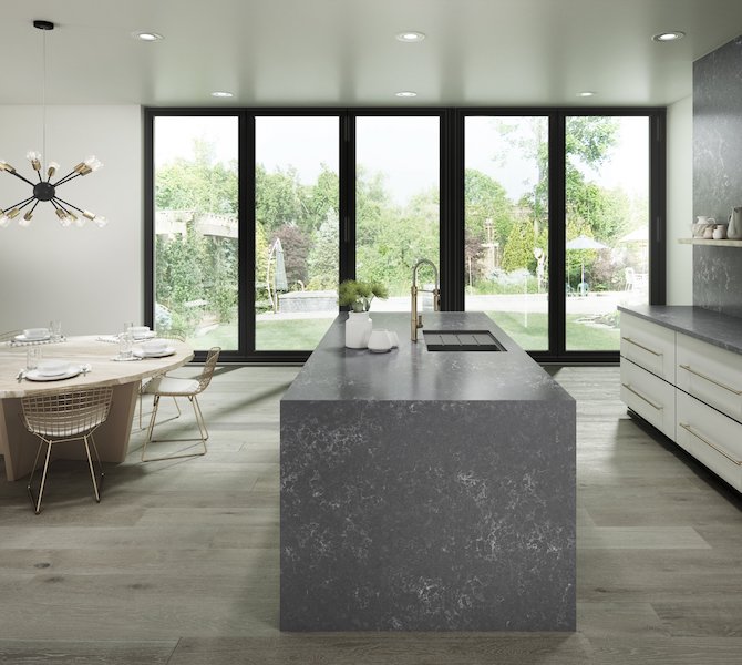 HanStone Quartz Embrace warm medium tone quartz countertop surface subtle veining modern kitchen waterfall edges eat in kitchen table