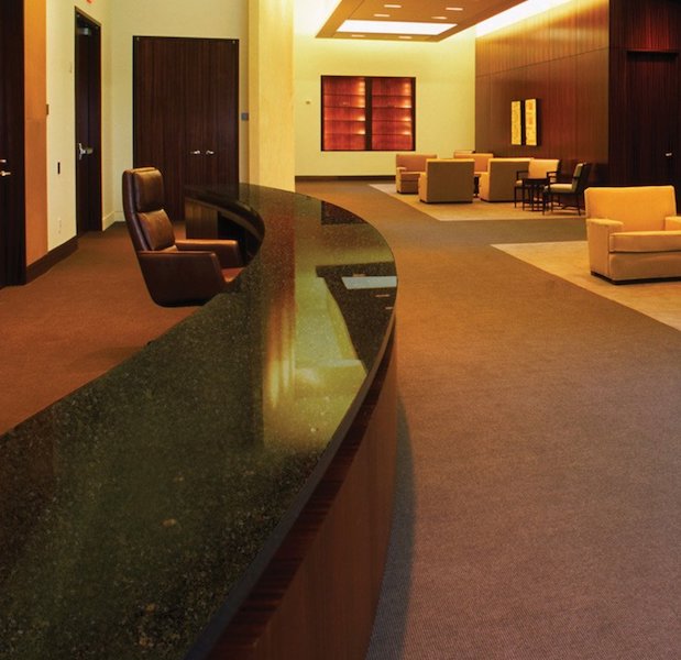 HanStone Quartz Odyssey black quartz countertop surface commercial space curved countertop application hospitality healthcare