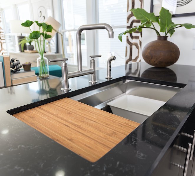 HanStone Quartz Silhouette black quartz countertop surface kitchen island with sink