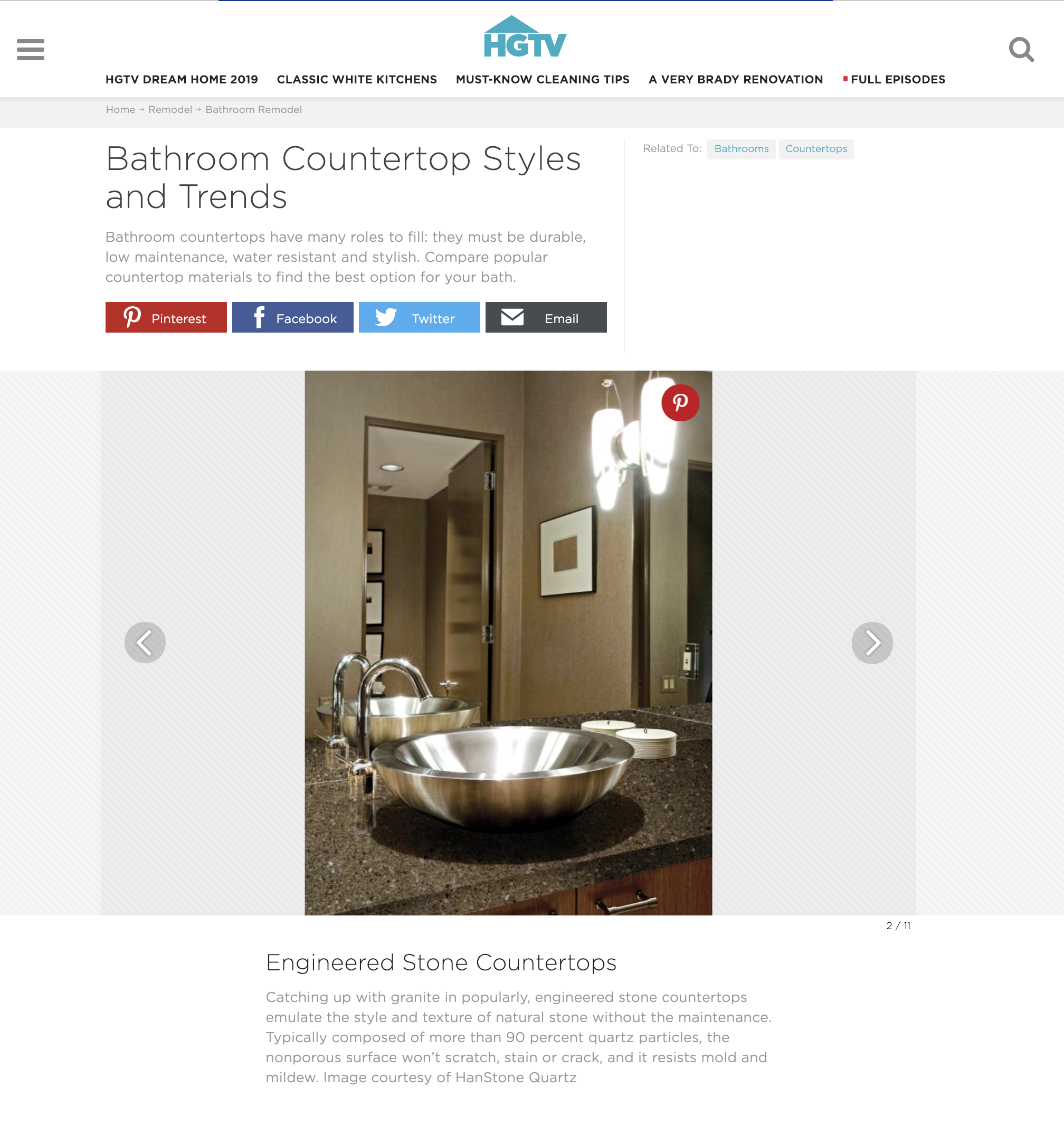 HGTV Features HanStone Quartz as Part of Bathroom Countertop Trends ...