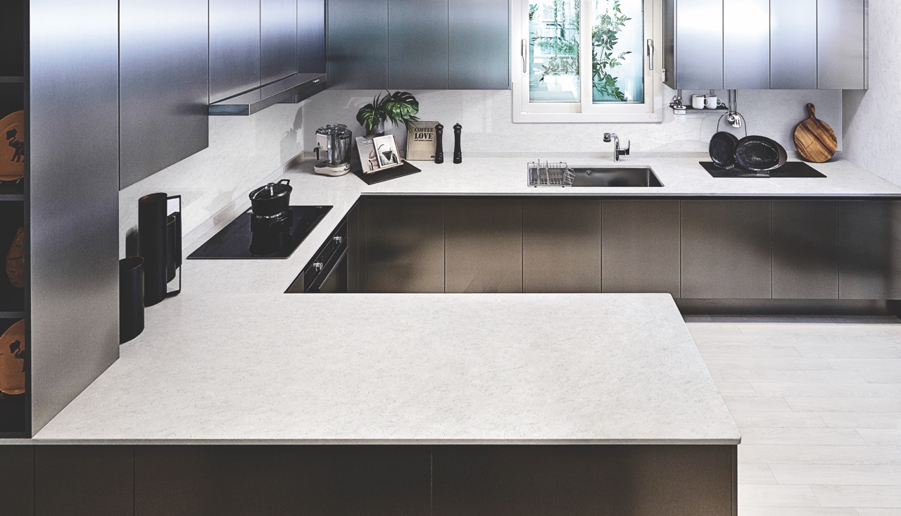 Cascade Ice by Hanex Solid Surfaces in modern residential kitchen